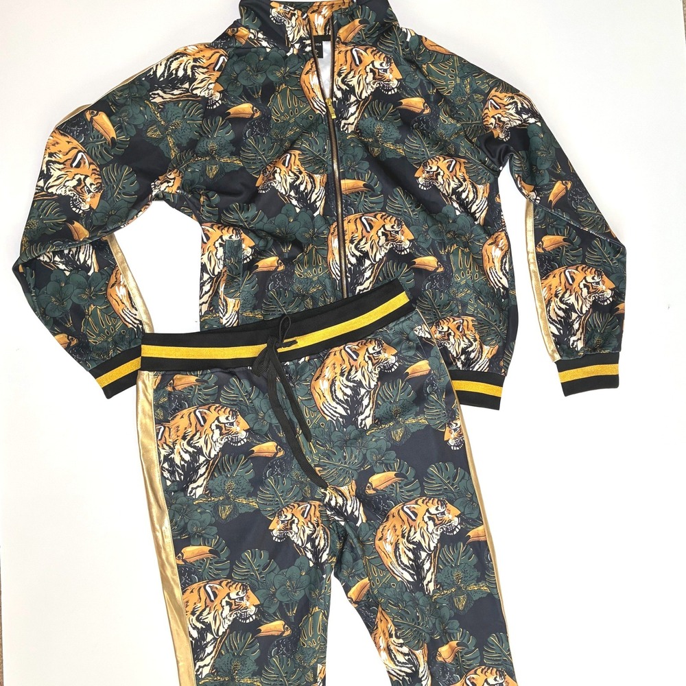 G-Style USA Tracksuit Men XL Black Gold Tiger Tropical Hip Hop Statement Street